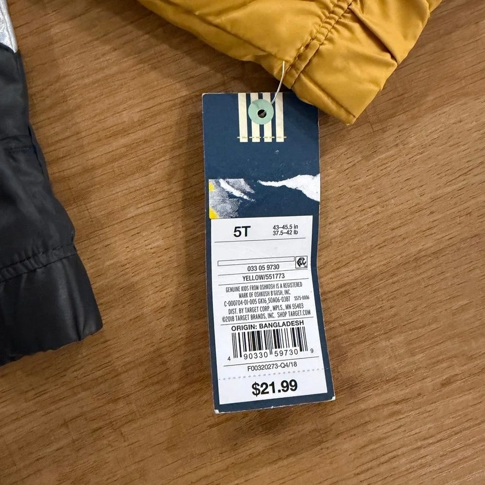 Genuine Kids OshKosh Boys Yellow Grey Holographic‎ Windbreaker Jacket 5T NWT